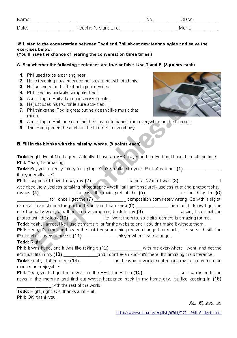 gadgets - listening test worksheet