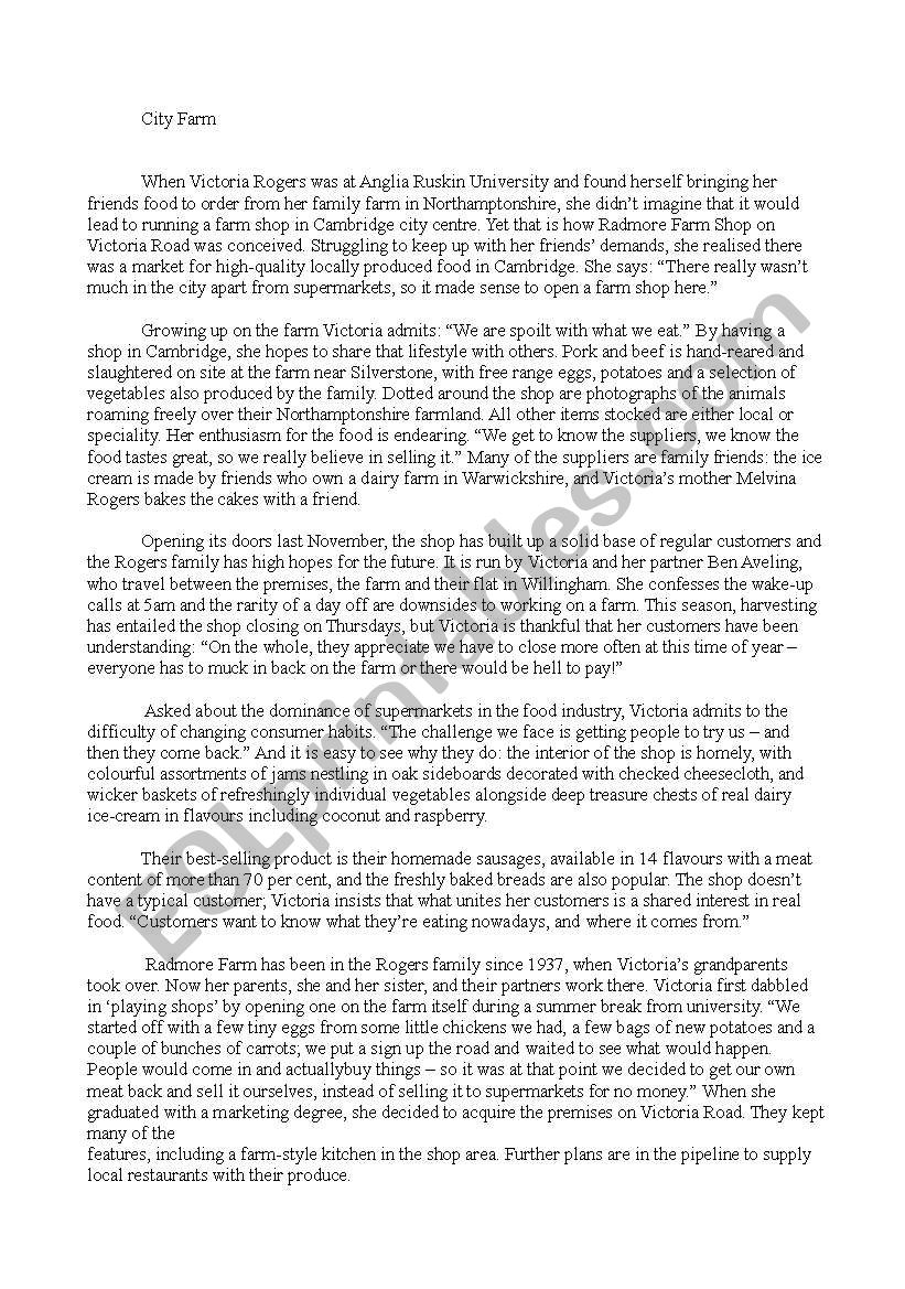 City farm worksheet