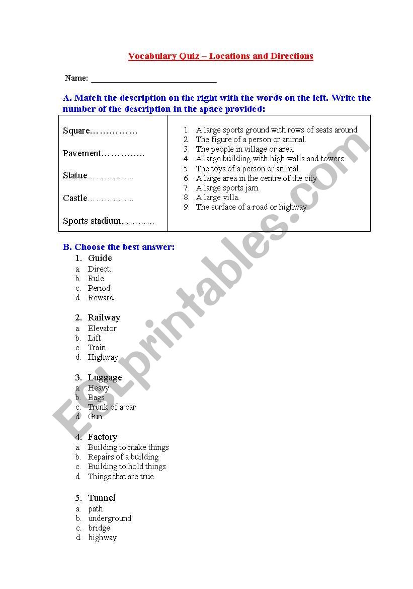 Vocabulary Quiz - Locations and Directions