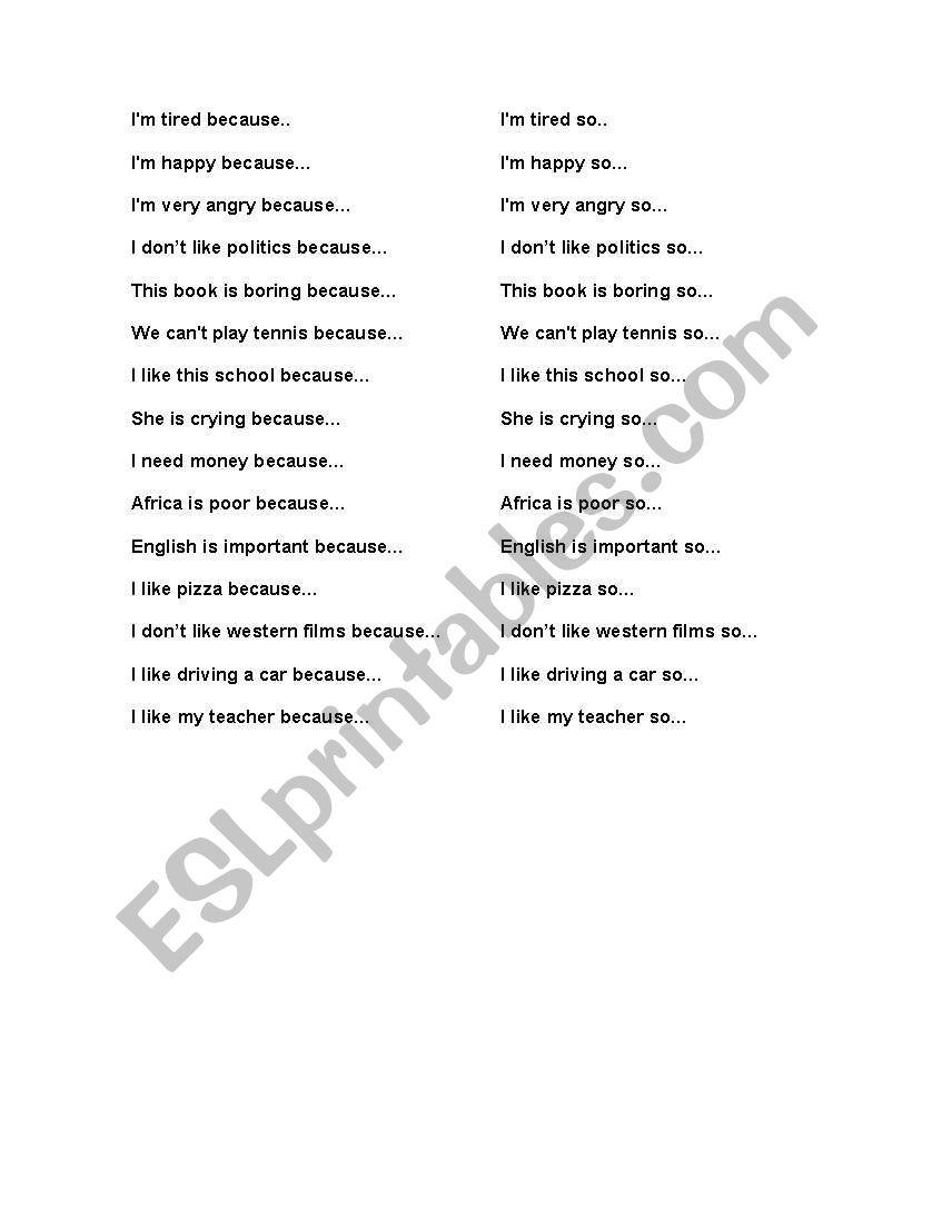 Because and So worksheet