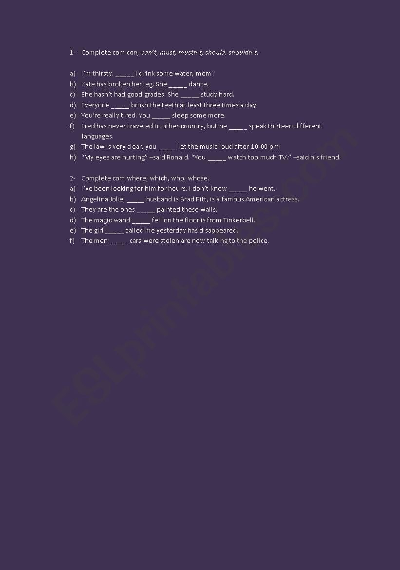 Modais e Pronomes Relativos worksheet