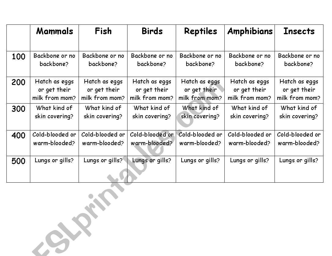 Animal Classifications worksheet