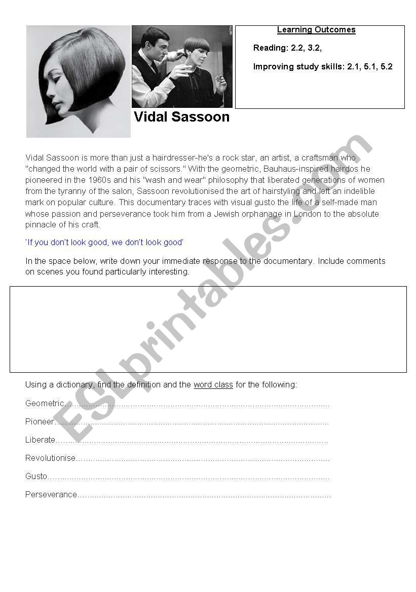 Vidal Sassoon worksheet