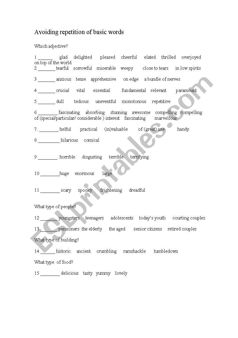 Avoiding repetition worksheet
