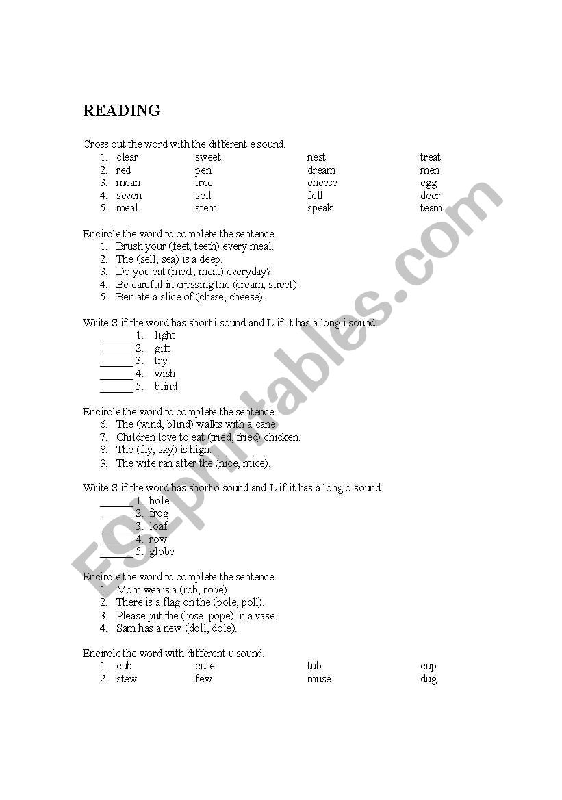 LONG AND SHORT VOWEL SOUNDS worksheet