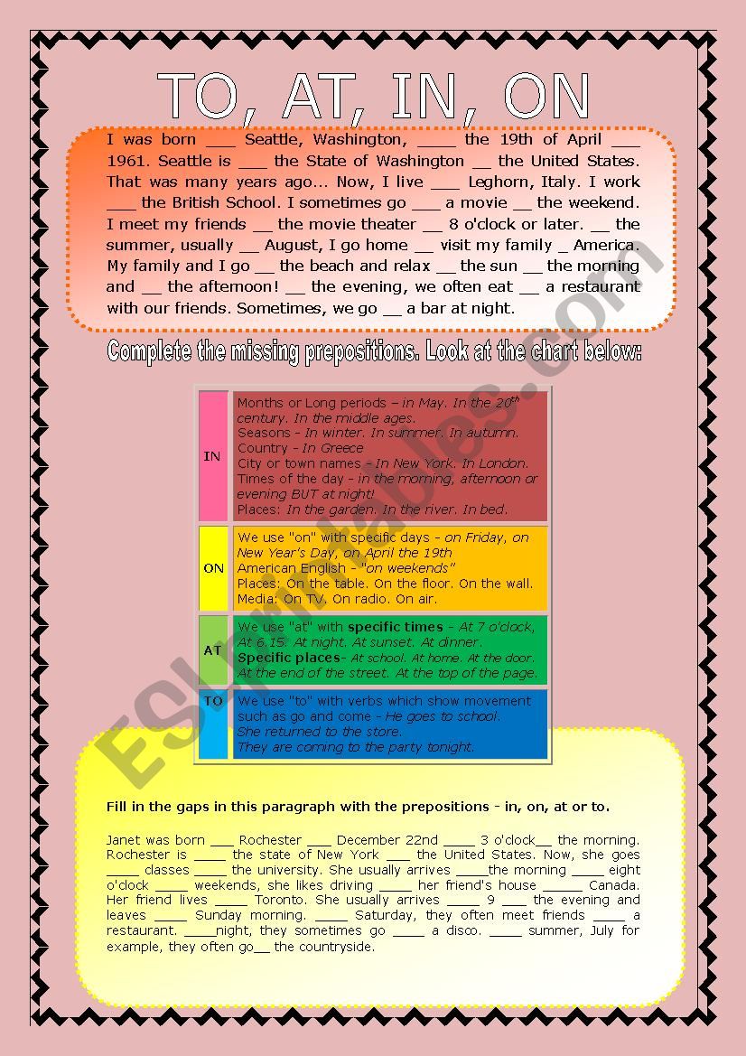 Prepositions TO, AT, IN, ON worksheet