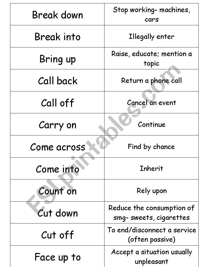 set of phrasal verb matching cards