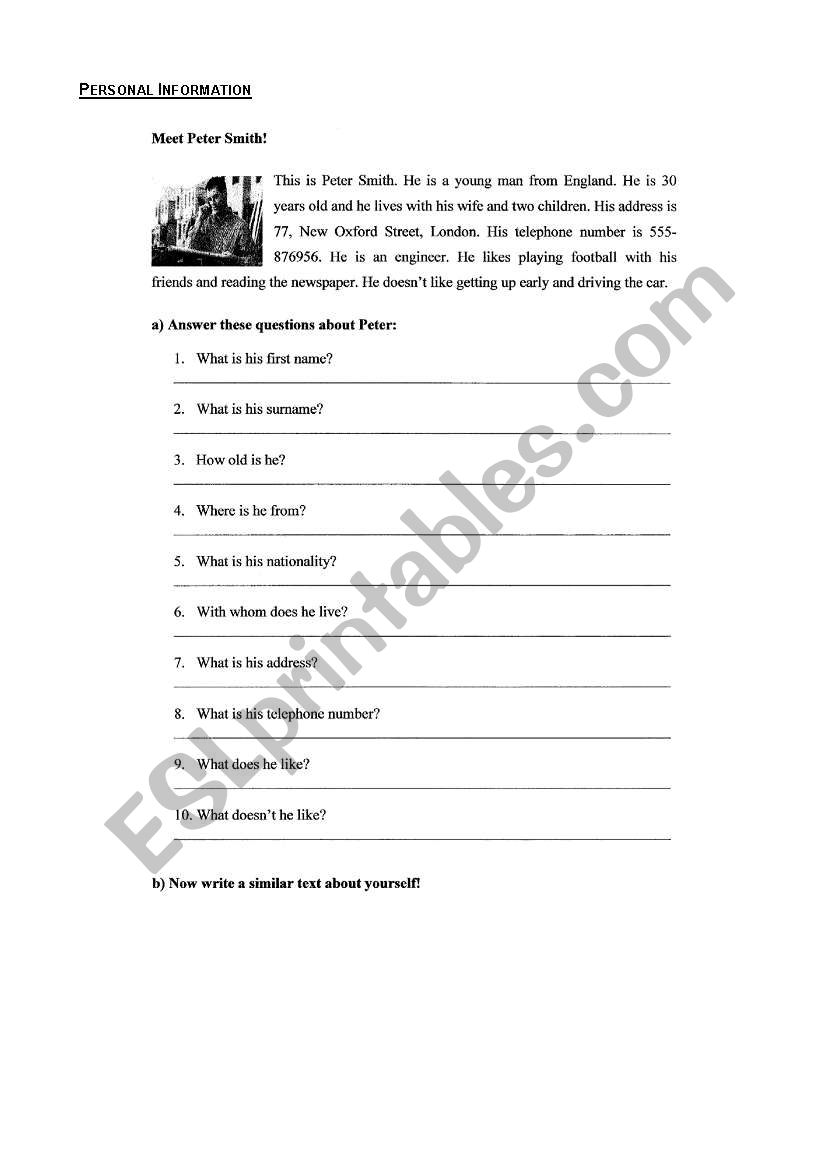 Personal Information worksheet