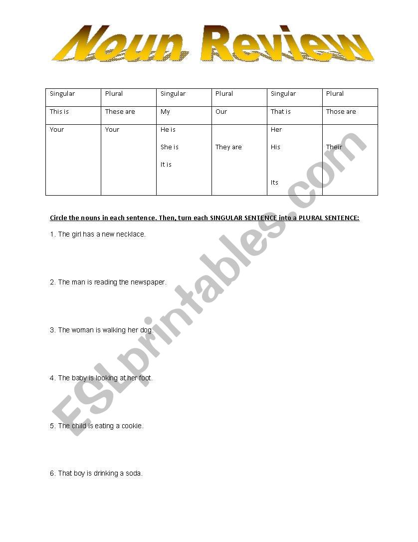 Noun Review of Singular and Plural Sentences