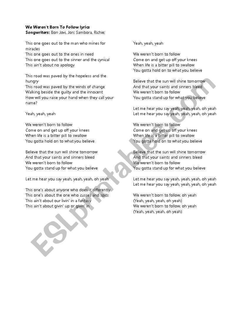 We werent born to follow -lyrics and lesson class