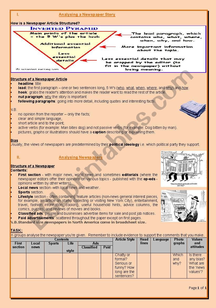 Analysing newspapers 1 worksheet