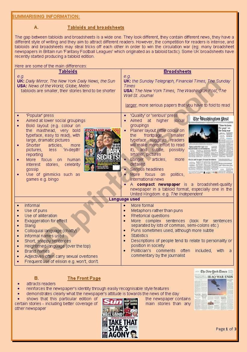 Analysing newspapers 2 worksheet