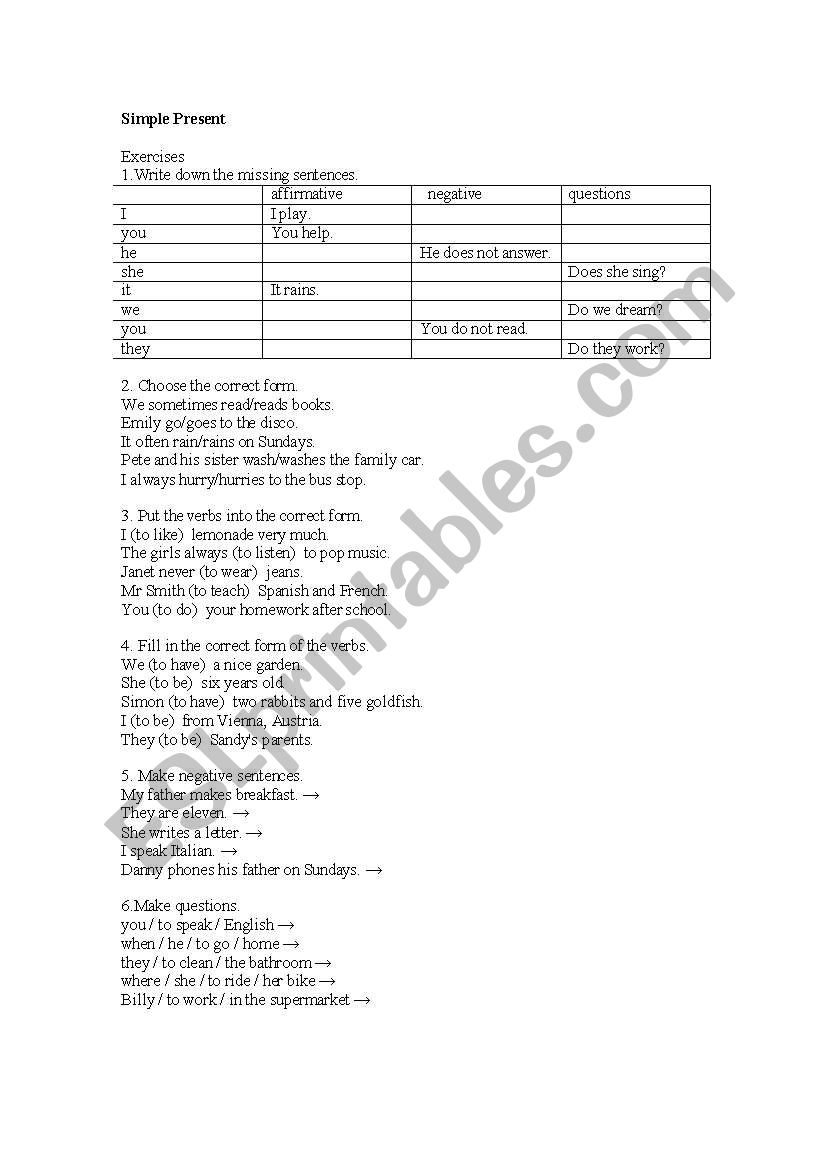 the simple present worksheet