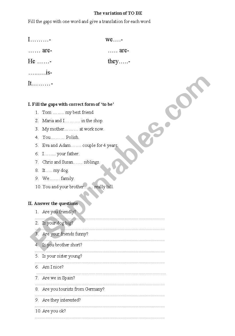 The variation of to be worksheet