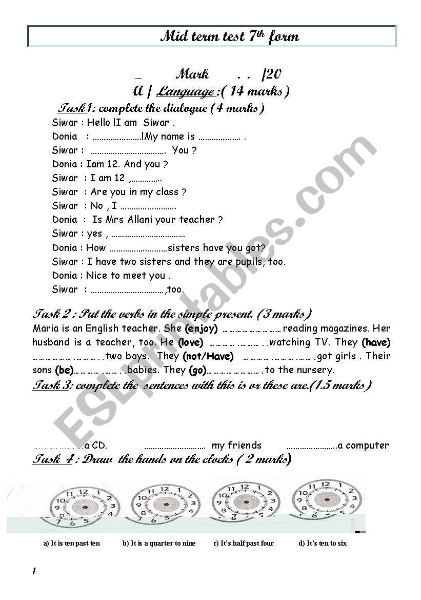 mid term test 7th form worksheet