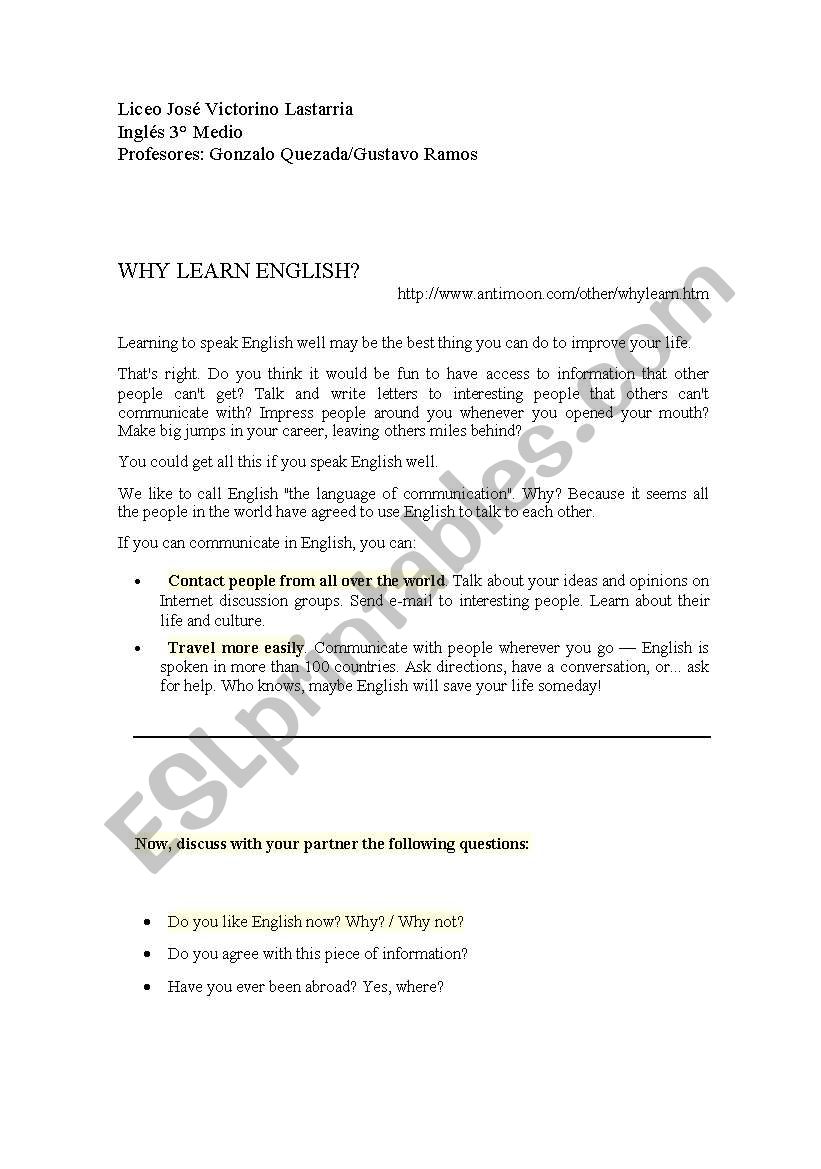 Why learn english? handout. worksheet