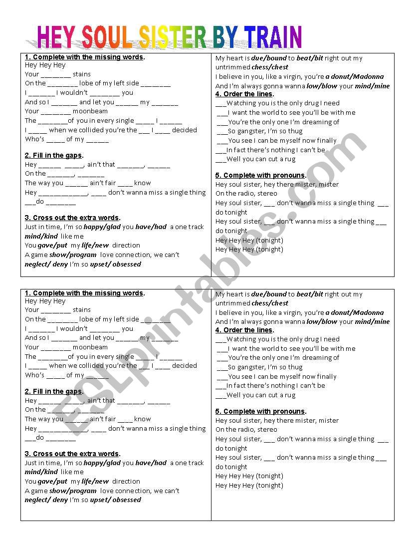 Hey Soul Sister worksheet