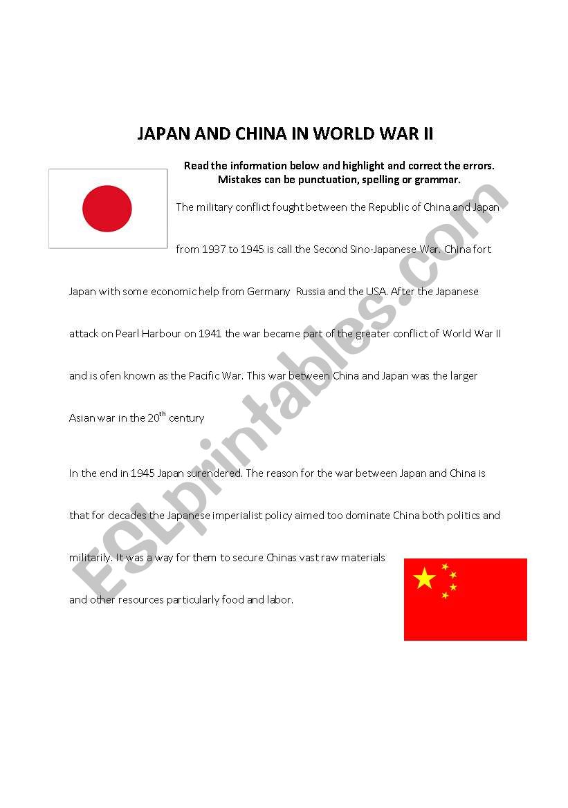 Japan and China Mistakes Task worksheet