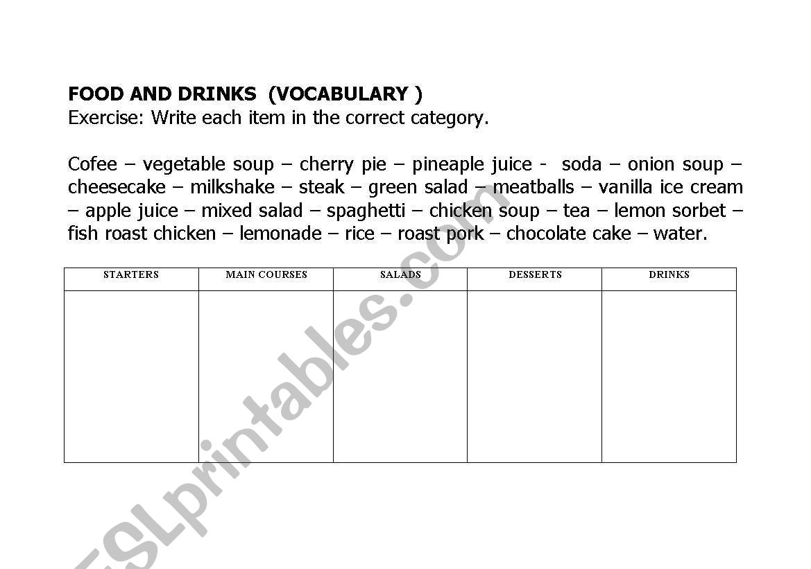 FOOD AND DRINKS worksheet