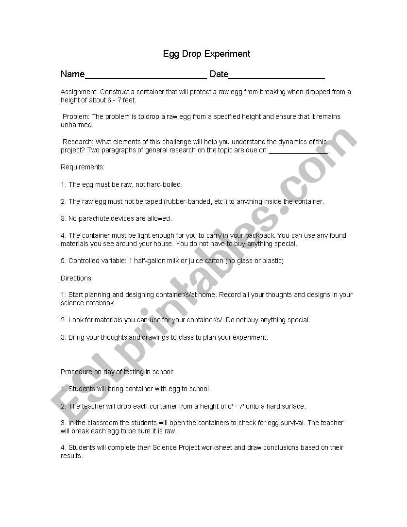 Egg Drop Experiment worksheet