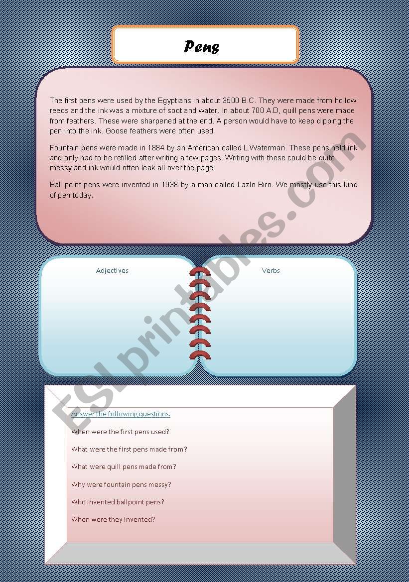  Pens- comprehension and worksheet