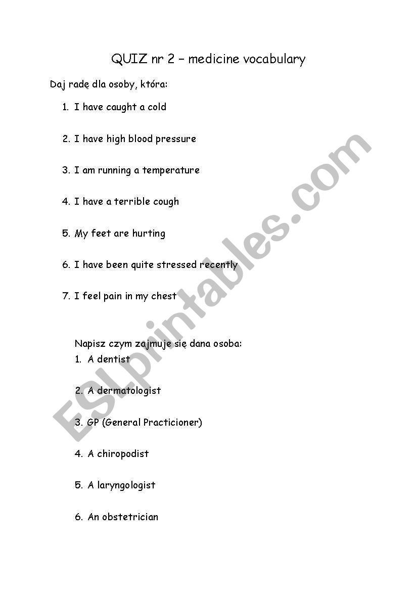 Medicine vocabulary worksheet