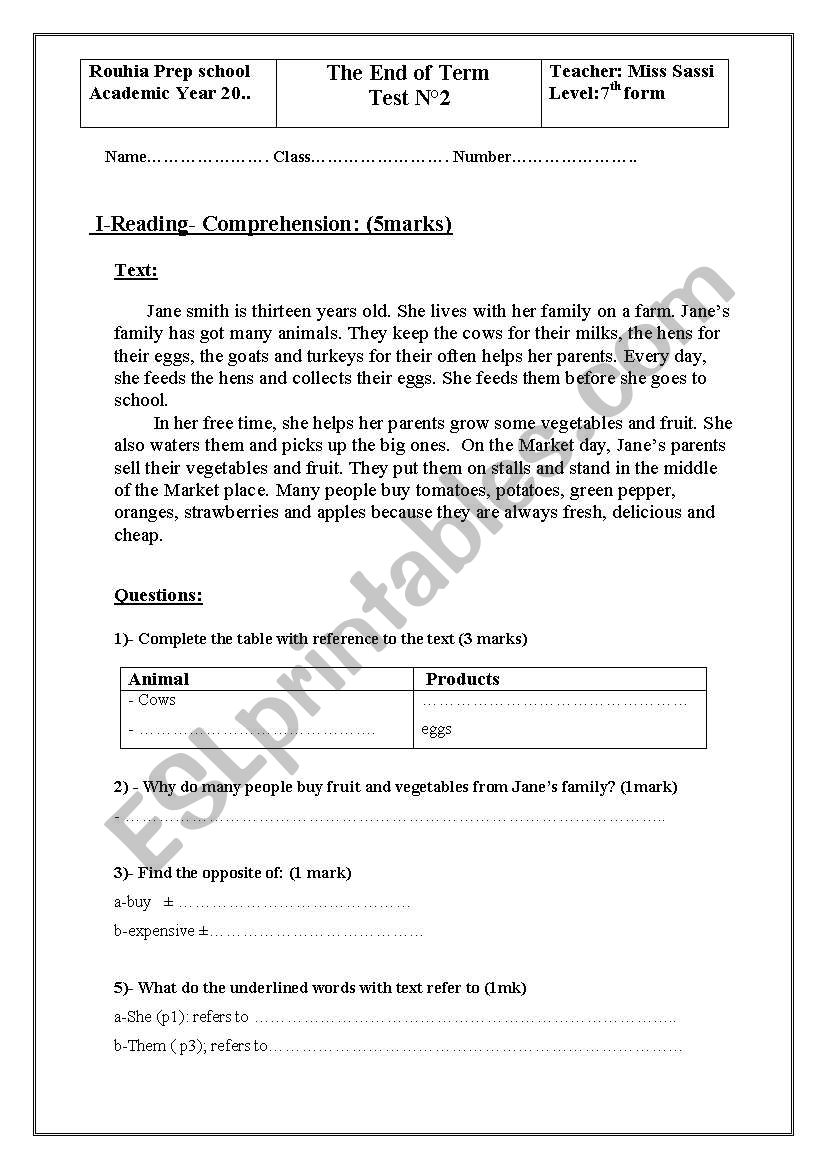 reading comprehension for 7 th form nÂ°2