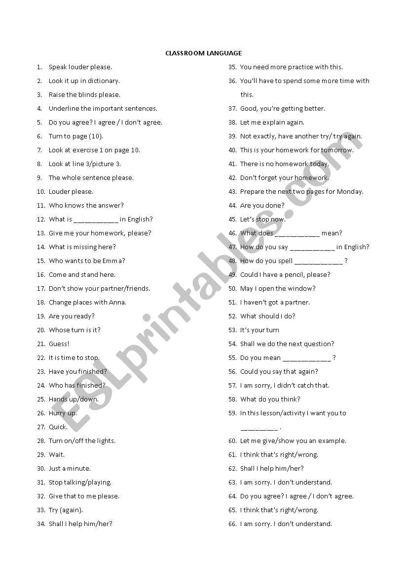 Classroom Language worksheet