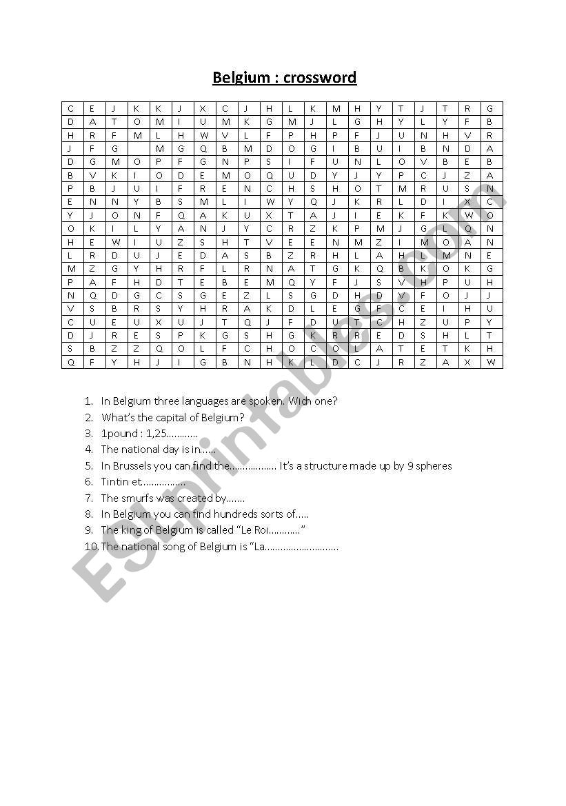 Belgium crossword worksheet