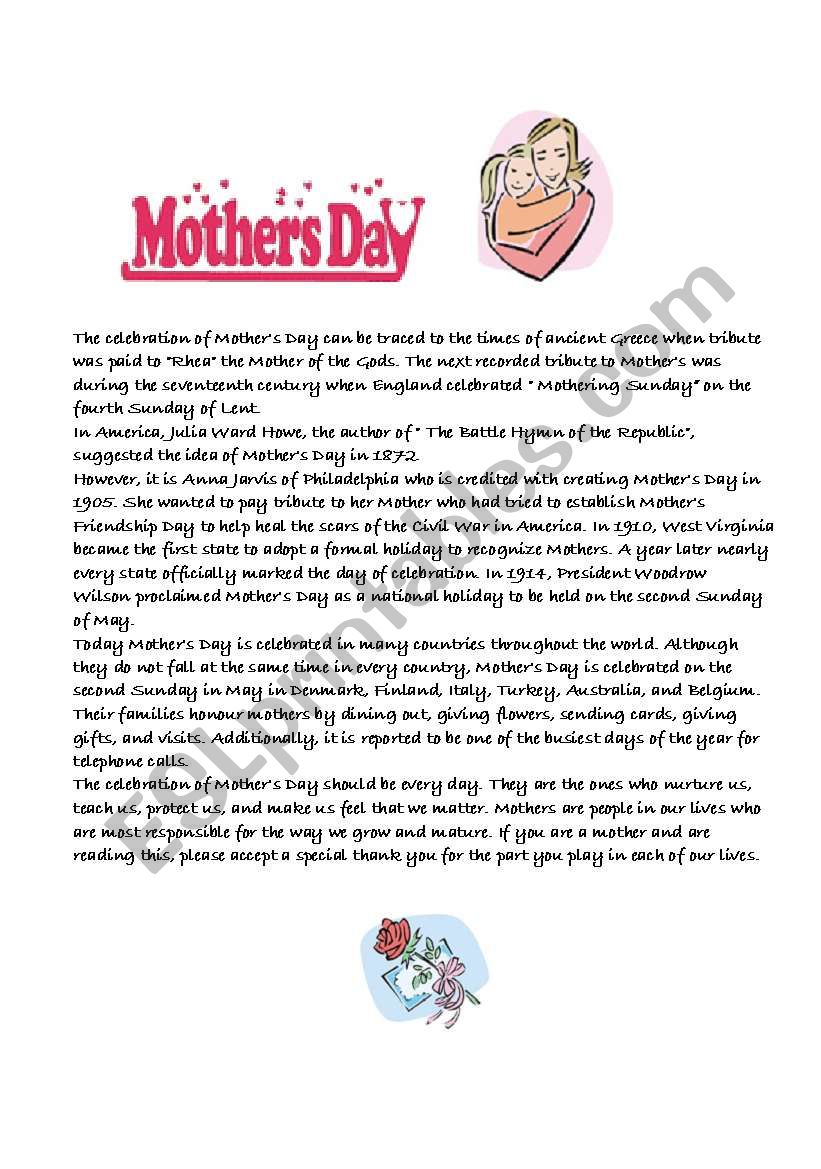 Mothers Day History worksheet