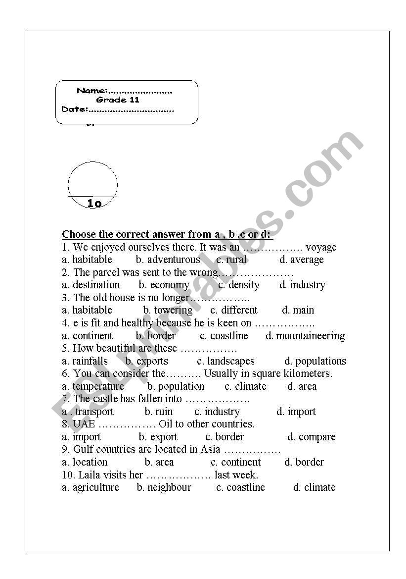 vocabulary test worksheet