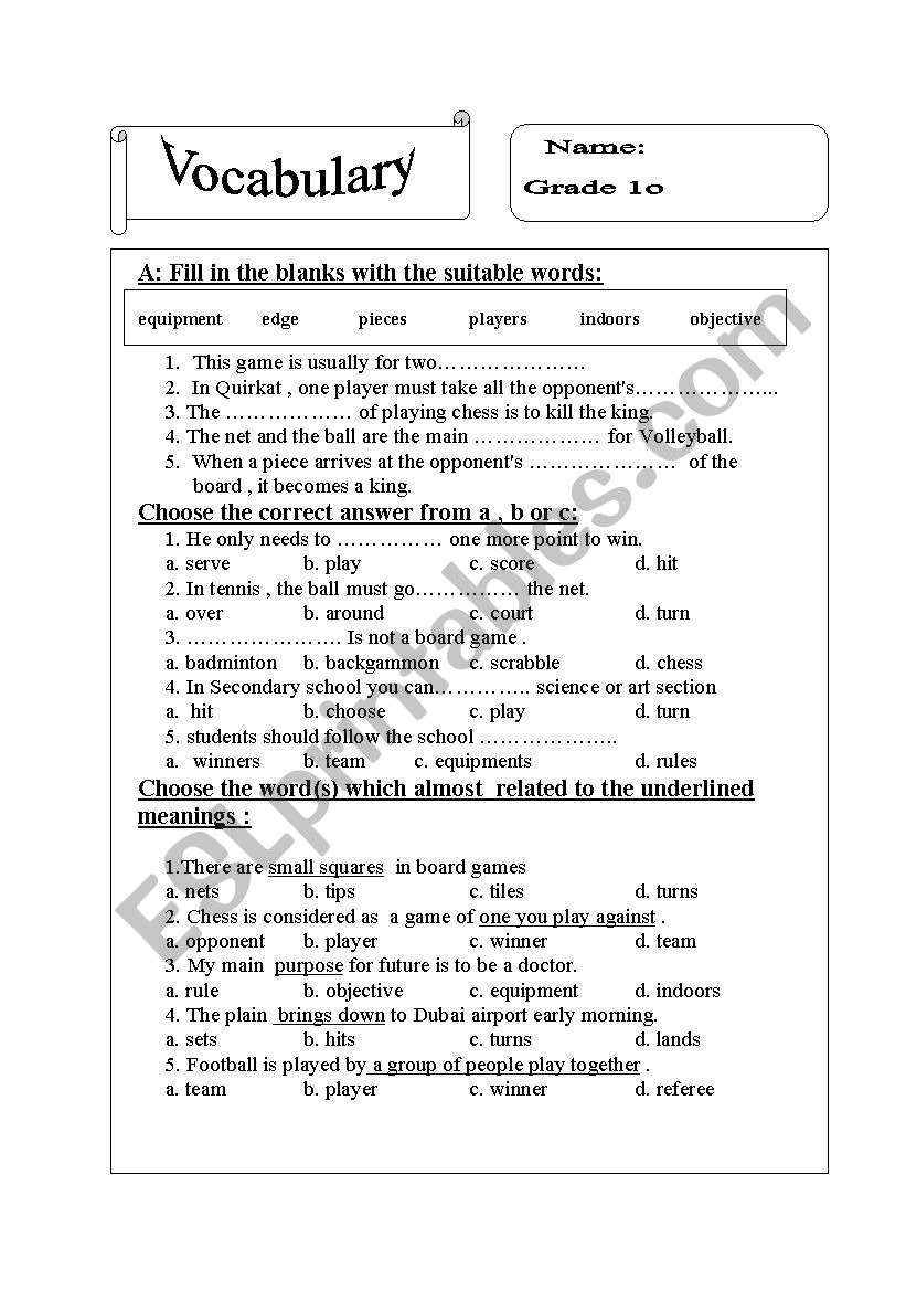 vocabulary test worksheet