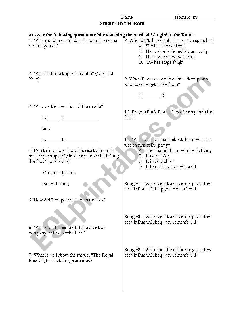 singin in the rain worksheet