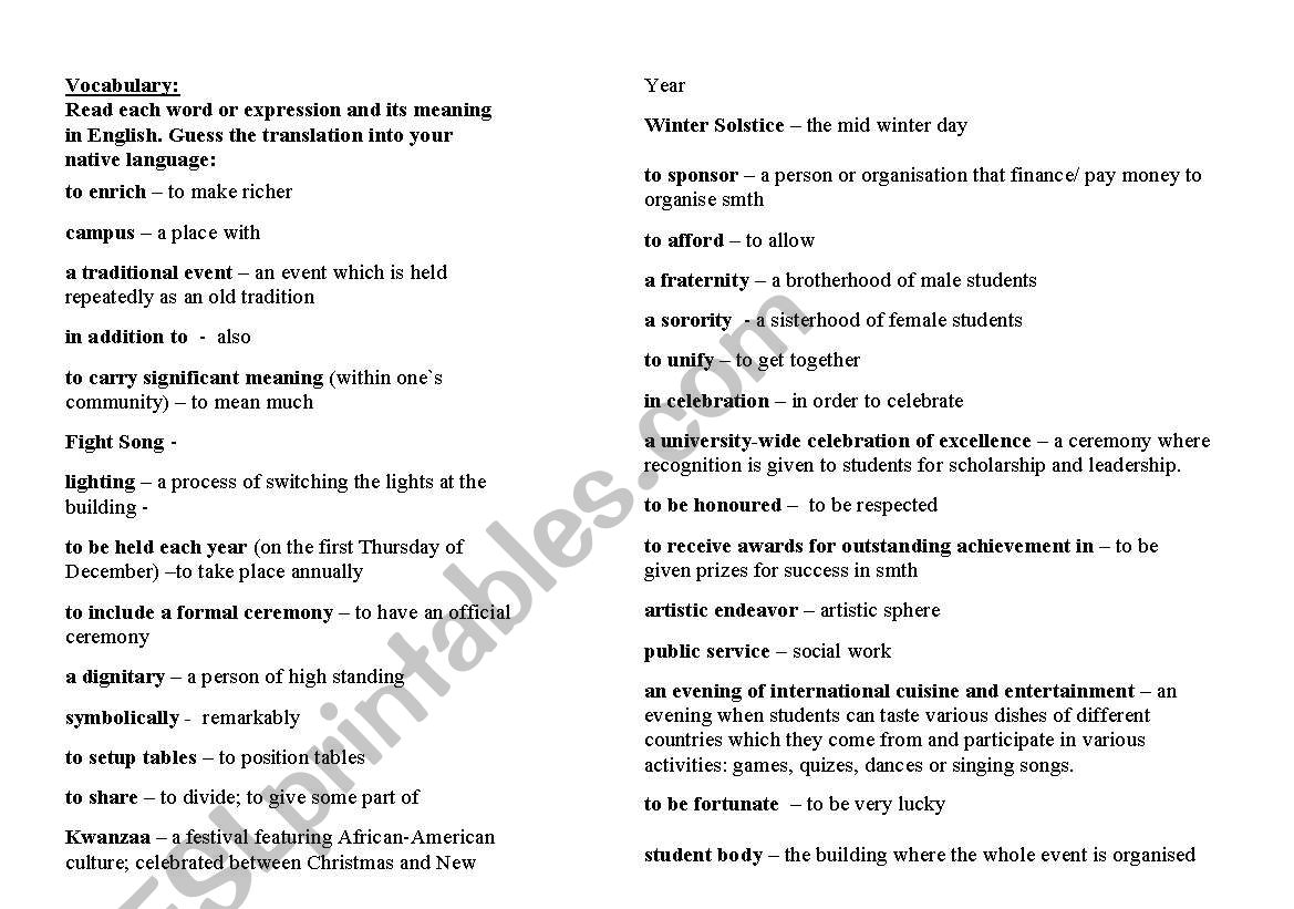 University Traditions worksheet