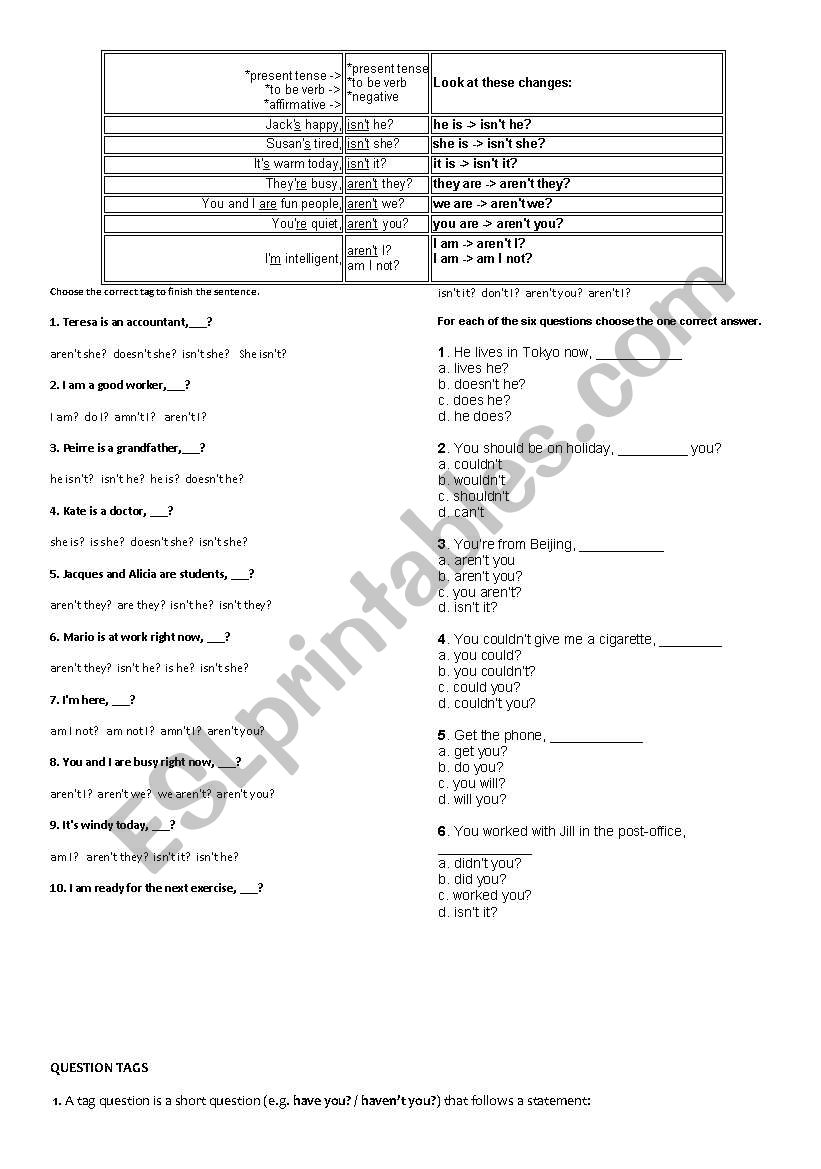 Question tags worksheet