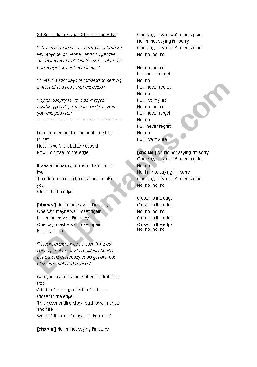 30 Seconds to Mars - Closer to the Edge (Song worksheet)