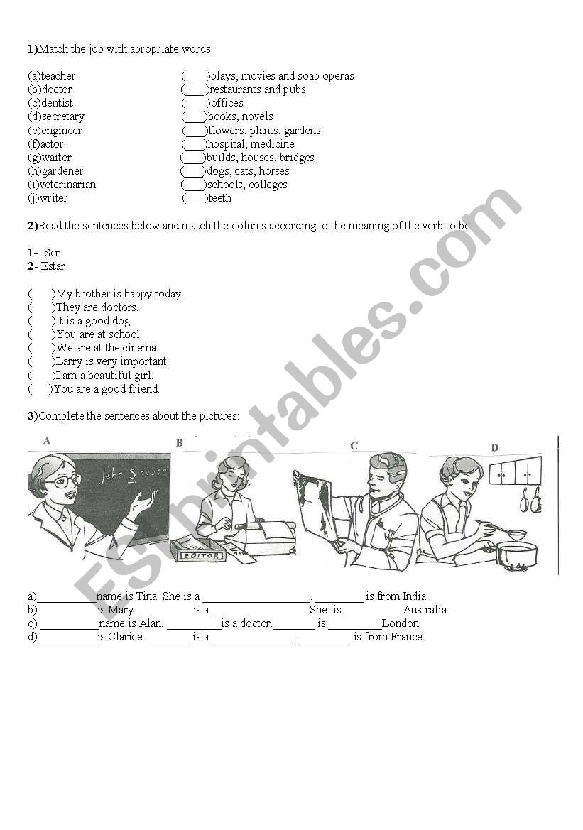 Verb to be and jobs worksheet