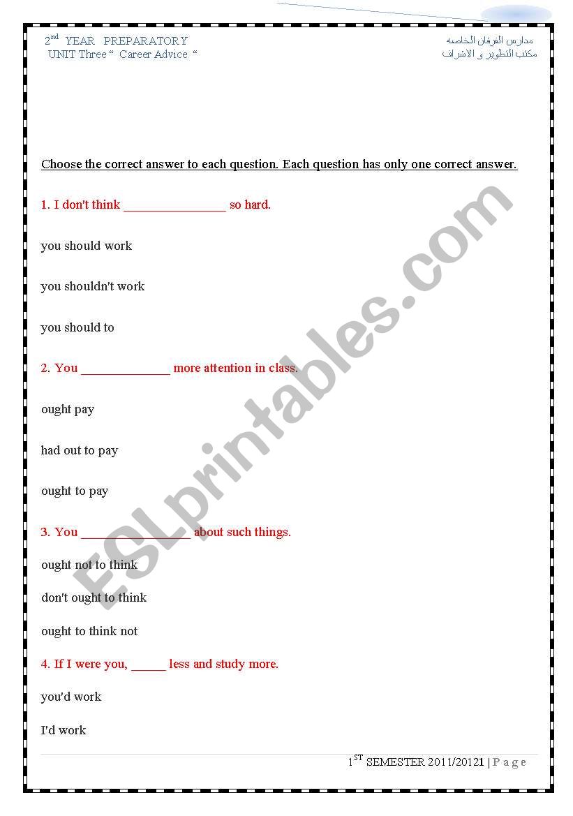 Career advice worksheet
