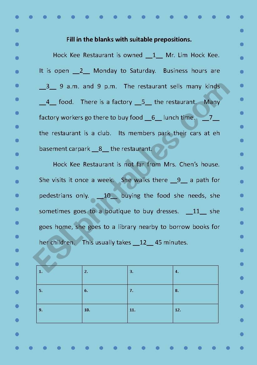 Prepositions worksheet