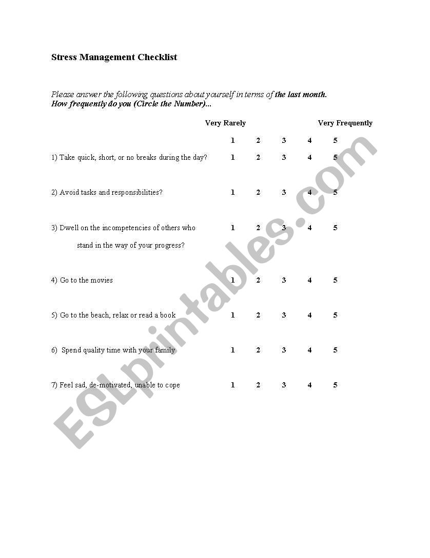 Stress Management worksheet