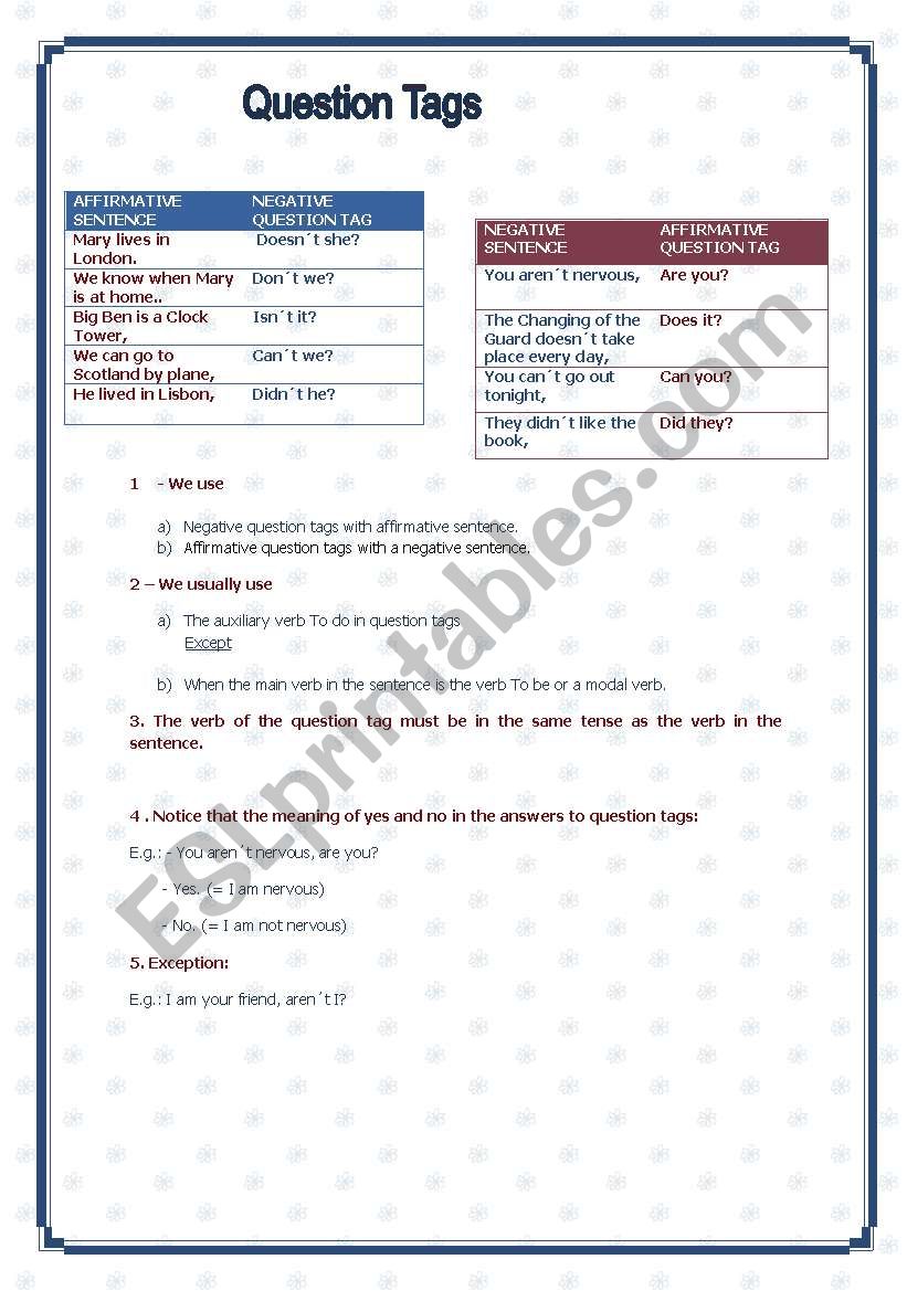 Questions tags worksheet