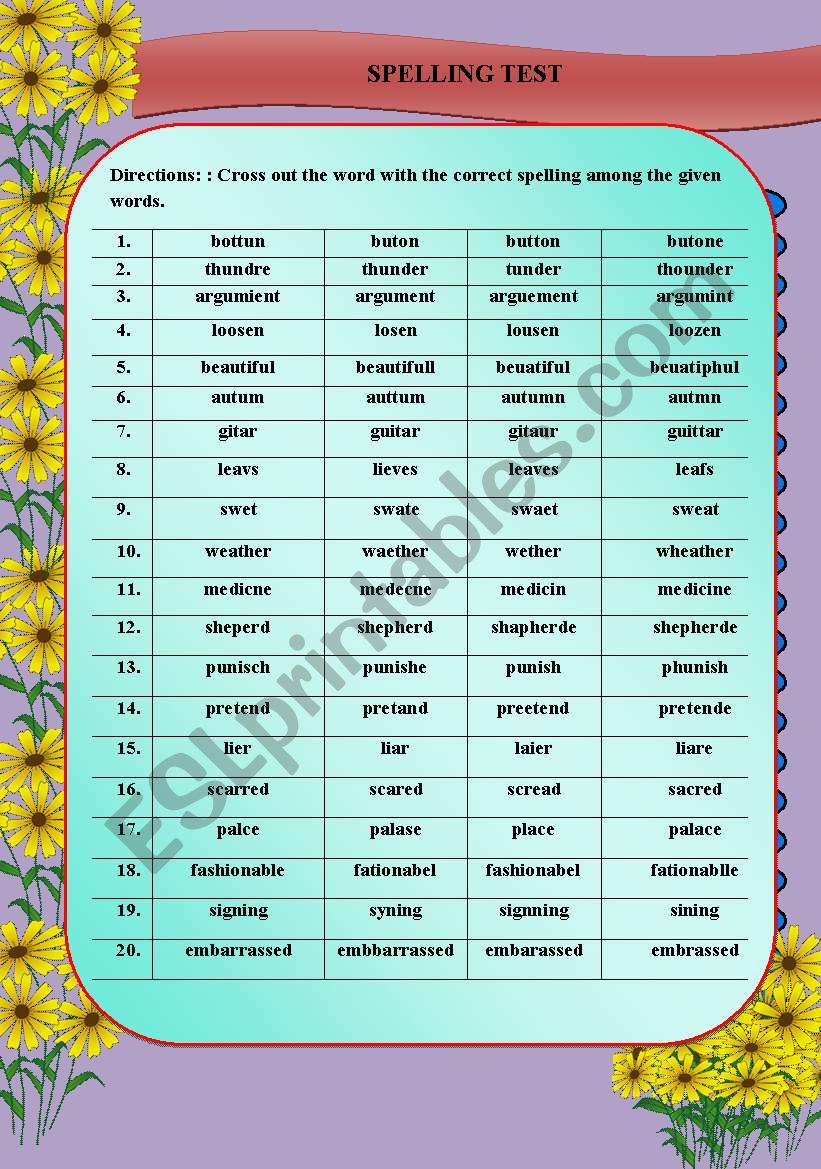 Spelling test worksheet