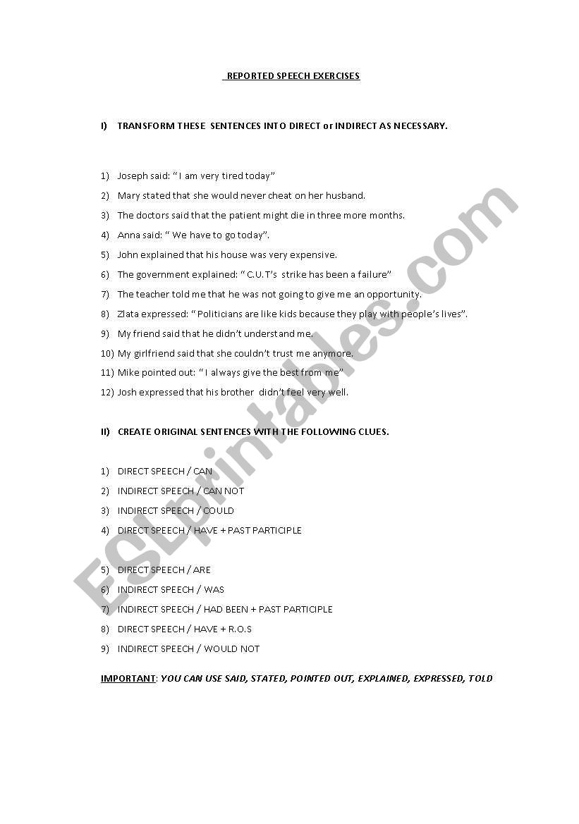 Reported Speech worksheet