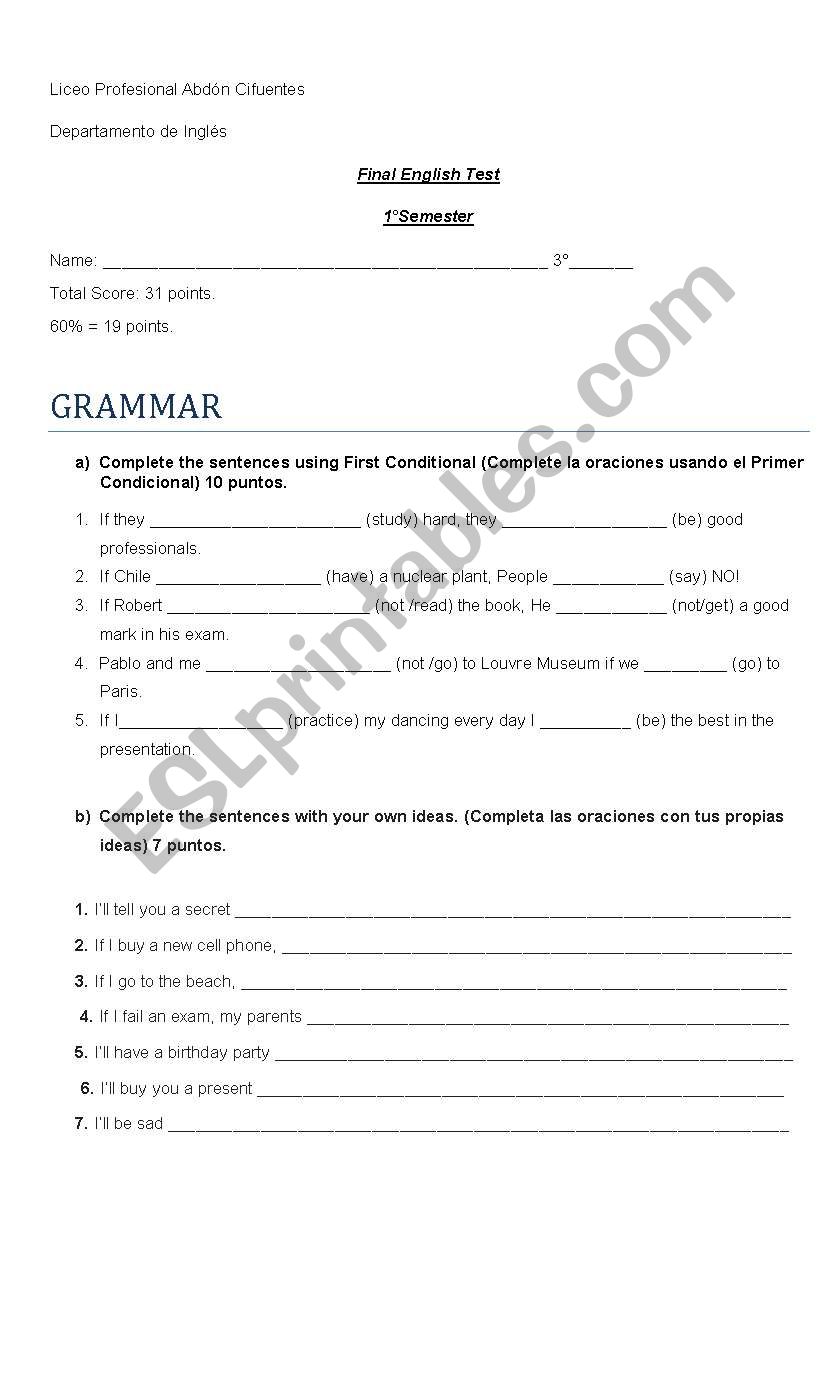 Fist Conditional Test worksheet