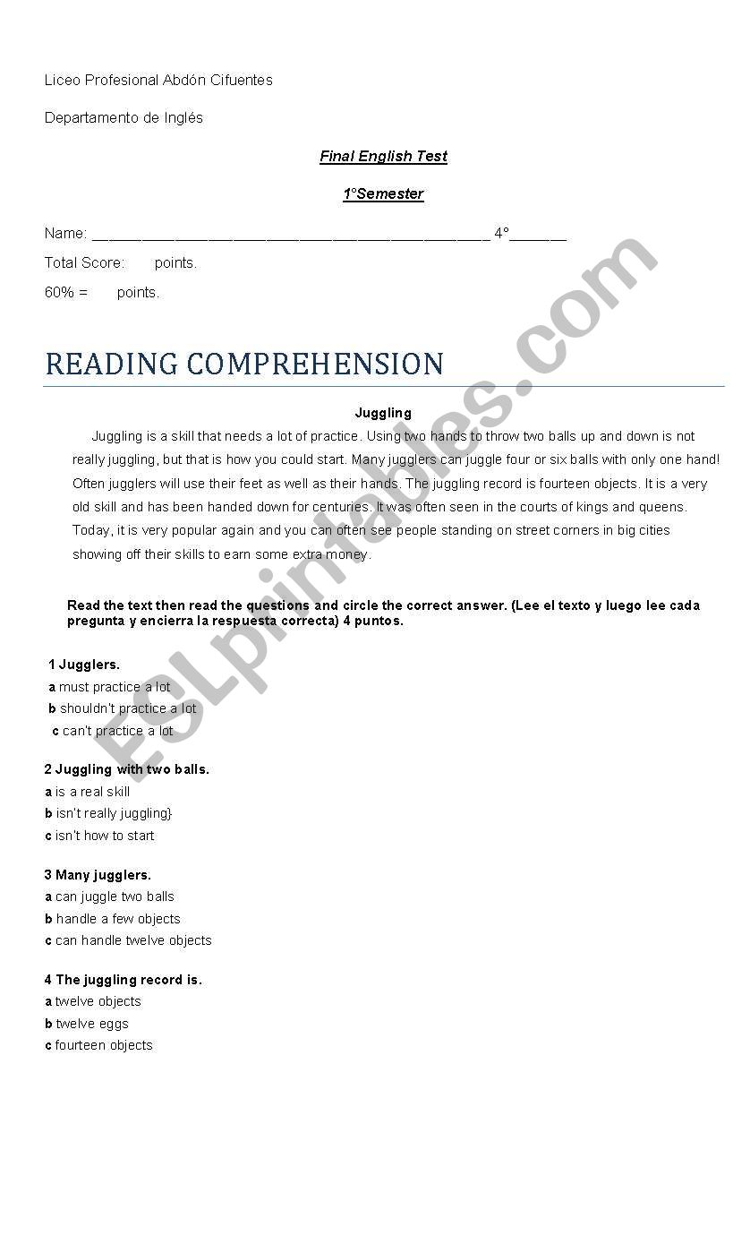 Reading Comprehension worksheet