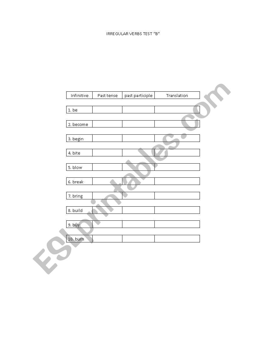 Irregular verbs Test B worksheet
