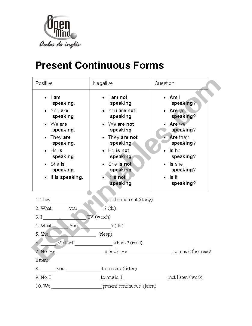 present continuous form worksheet