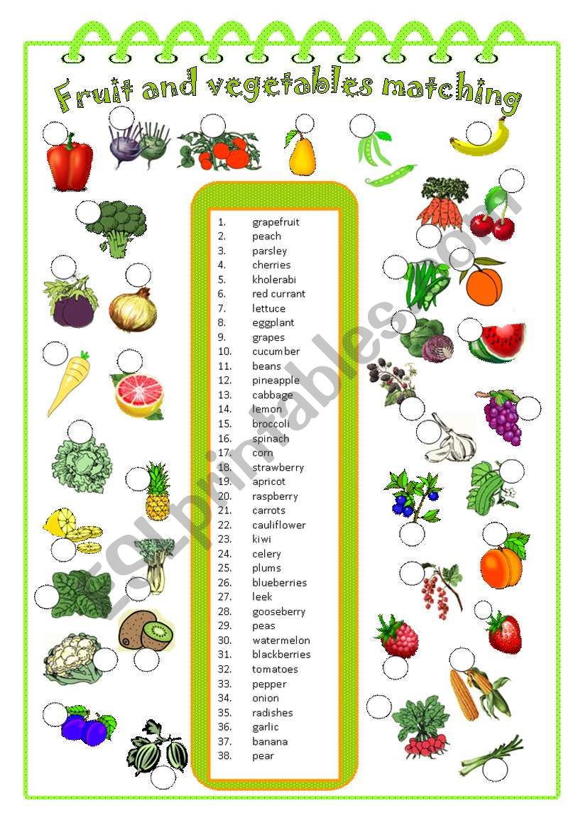 Fruit and vegetables matching worksheet