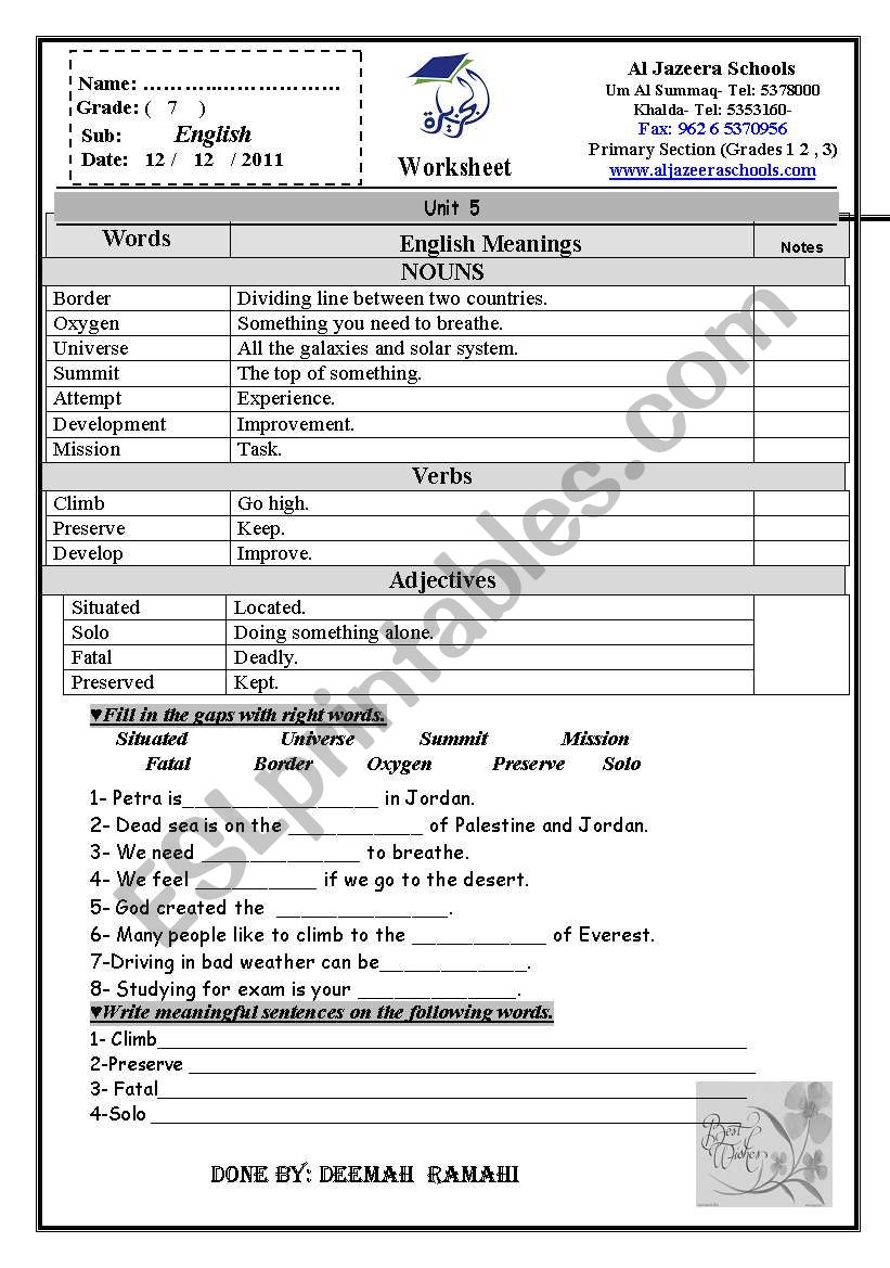 vocabulary worksheet