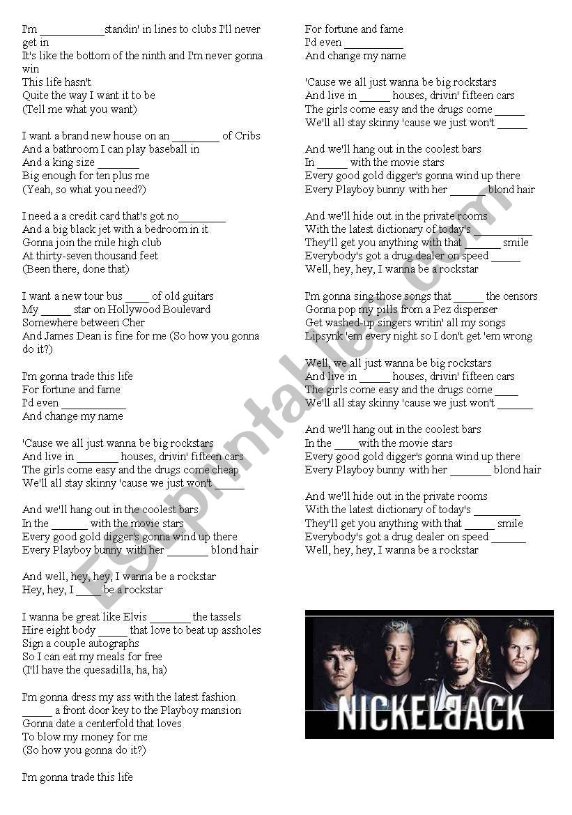 Nickleback Rockstar worksheet